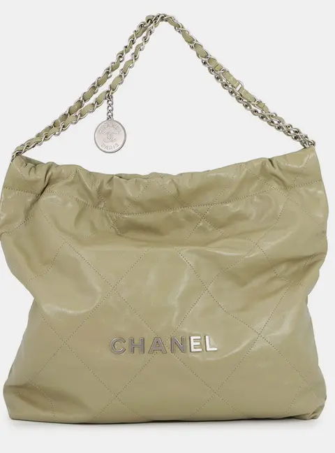 Chanel 22 Small Khaki Shiny Calfskin Leather Shoulder Bag