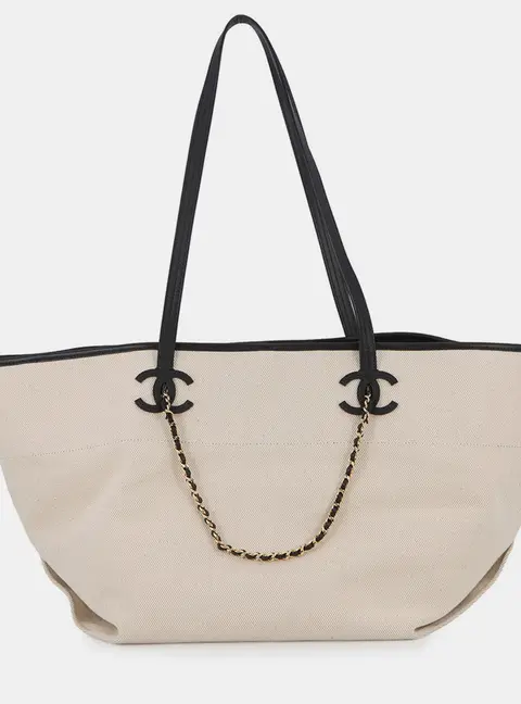 Chanel Small Deauville Ecru Black Canvas Calfskin Leather Tote Bag
