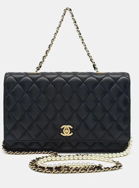 Chanel Black Leather pearl chain tote and shoulder bag