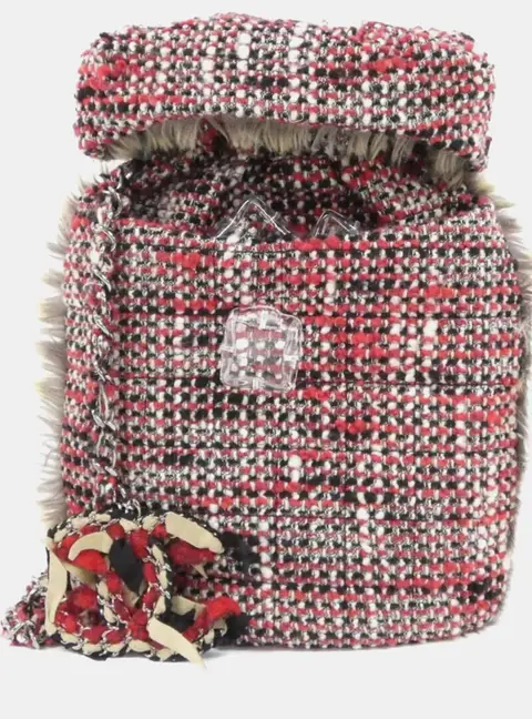 Chanel Tweed Fur Red White Shoulder Bag