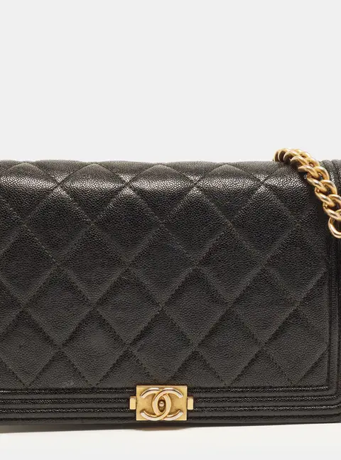 Chanel Boy Black Quilted Caviar Leather Wallet On Chain