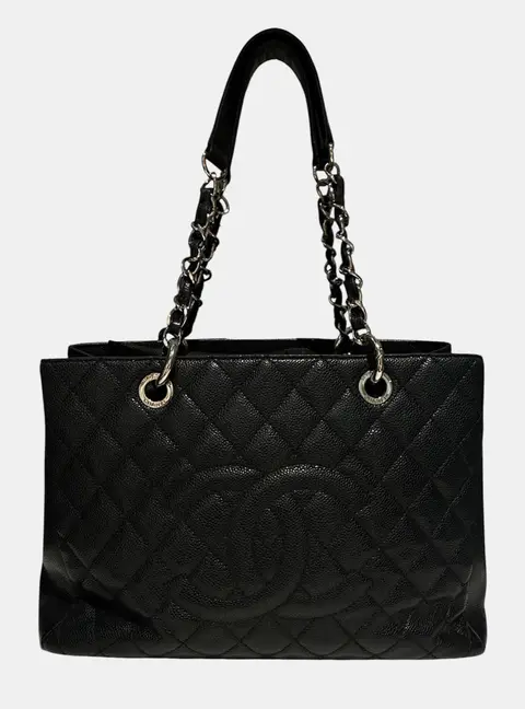Chanel Grand Shopping Tote Black Caviar Leather Top Handle Bag