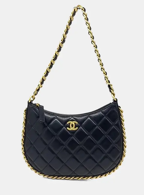 Chanel Hobo Small Black Quilted Calfskin Leather Shoulder Bag