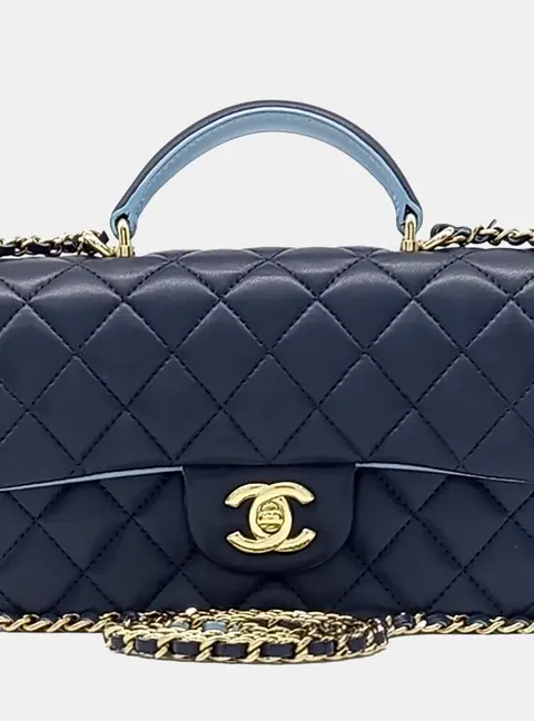 Chanel Mini Top Handle Navy Blue Lambskin Leather Flap Bag