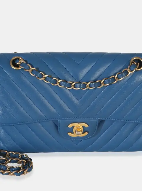 Chanel Classic Double Flap Small Blue Chevron Lambskin Leather Shoulder Bag