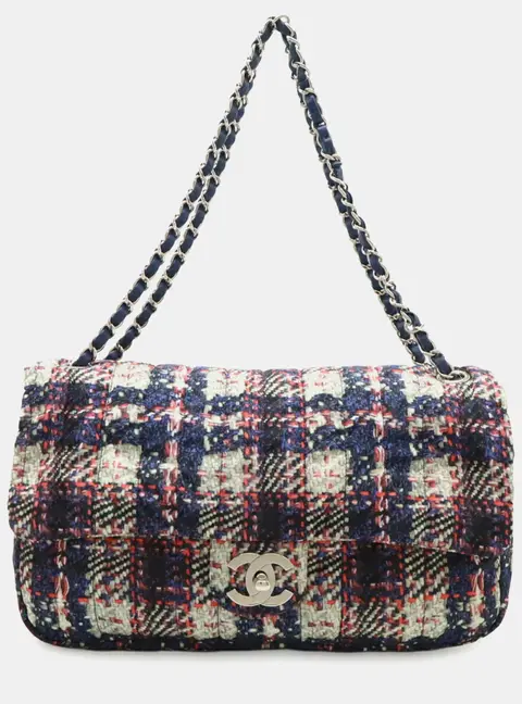 Chanel Tweed Print Coco Mark Chain Shoulder Medium Navy Nylon Flap Bag