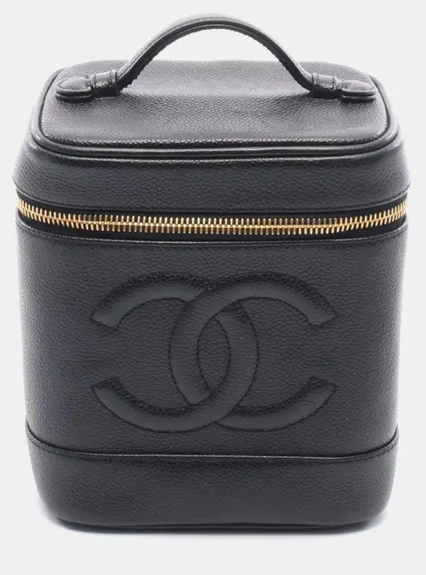 Chanel Vintage Timeless CC Small Black Caviar Skin Leather Top Handle Vanity Bag