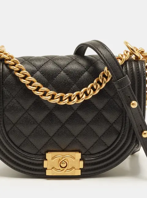 Chanel Boy Curved Small Black Quilted Caviar Leather Shoulder Bag