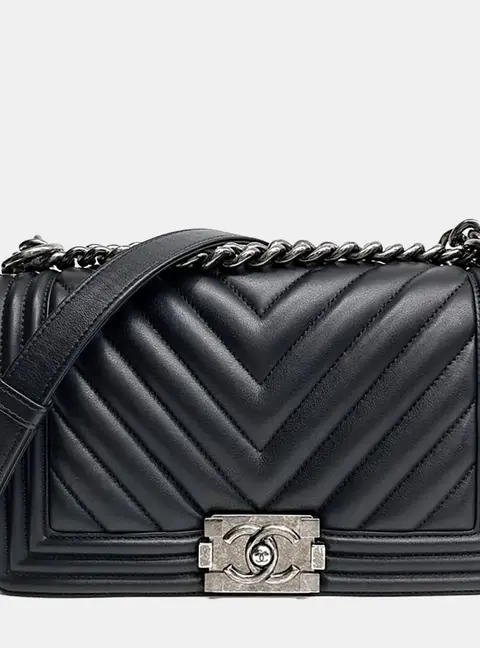Chanel Boy Medium Black Chevron Calfskin Leather Shoulder Bag