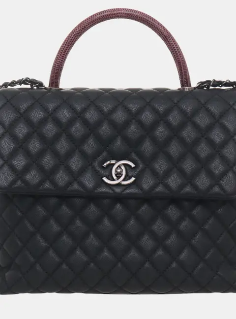 Chanel Coco Handle Large Black Caviar Leather Lizard Skin Top Handle Bag