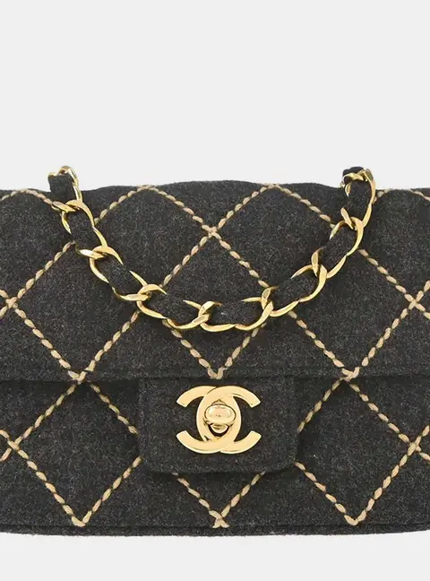 Chanel Wild Stitch Mini Classic Square Gray Wool Flap Shoulder Bag
