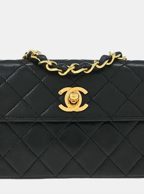 Chanel Vintage Quilted Straight Flap Extra Mini Black Lambskin Leather Shoulder Bag