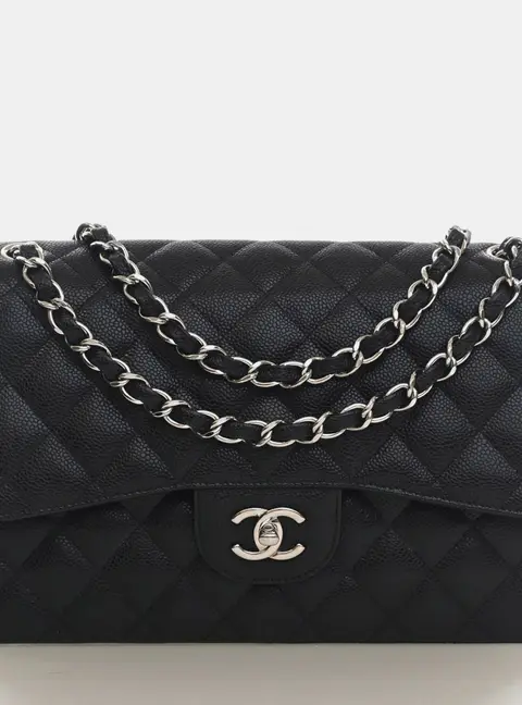Chanel Classic Double Flap Jumbo Black Grained Caviar Calfskin Leather Shoulder Bag