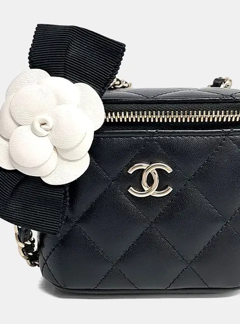 Chanel Black Leather Camellia Vanity Small Crossbody Bag
