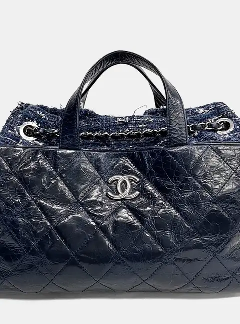 Chanel Portobello Large Navy Blue Quilted Patent Leather Tweed Tote Bag