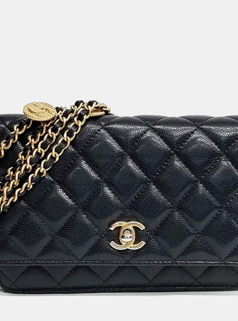 Chanel Small Black Caviar Leather Double Chain Mini Crossbody Bag