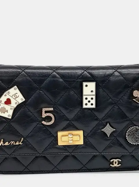Chanel Black Leather Vintage 2.55 Lucky Charm Casino WOC Mini Crossbody Bag