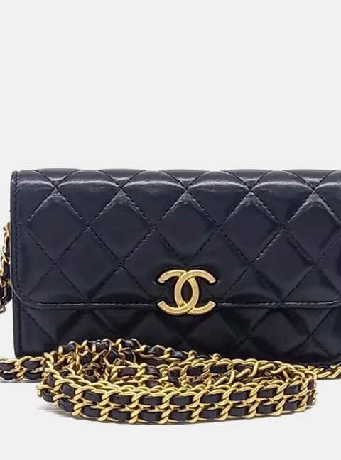 Chanel Quilted Black Lambskin Leather Phone Holder Chain Crossbody Bag