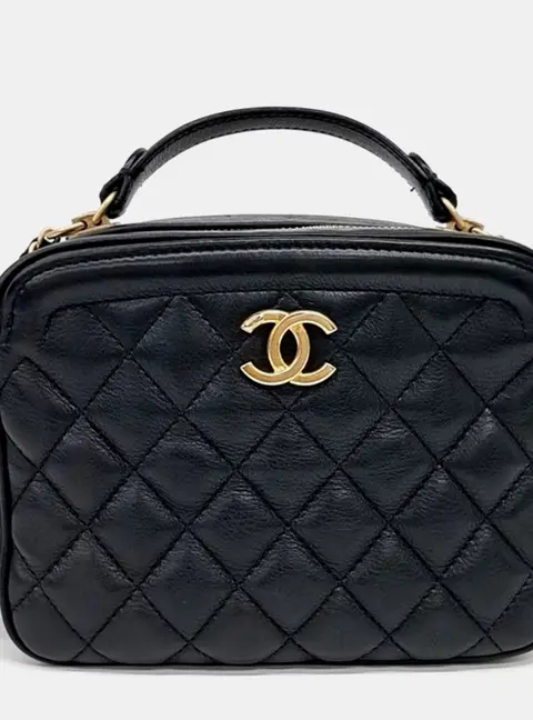Chanel Quilted Black Grained Calfskin Leather Top Handle Bag