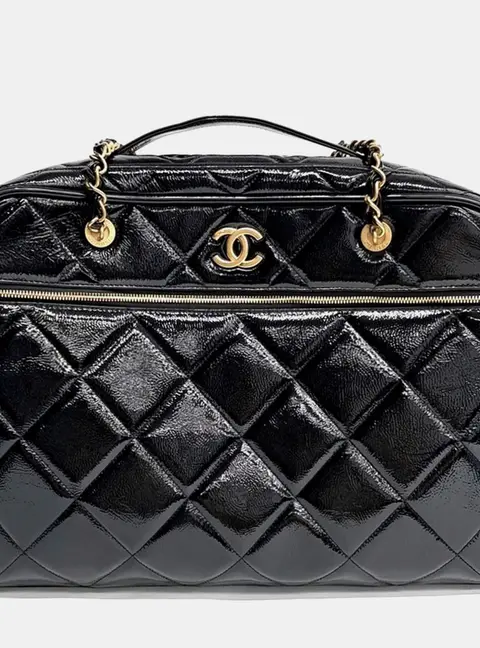 Chanel Travel Line Black Patent Leather Top Handle Bag