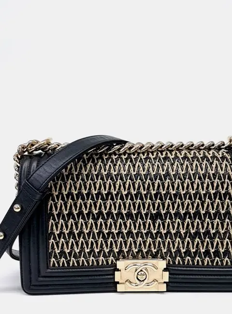 Chanel Boy Beige/Black Leather and Raffia Medium Bag