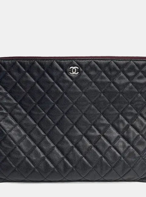 Chanel Quilted Large Black Caviar Leather Clutch Bag