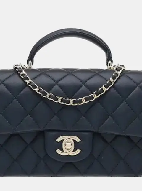 Chanel New Mini Black Quilted Lambskin Leather Top Handle Flap Bag
