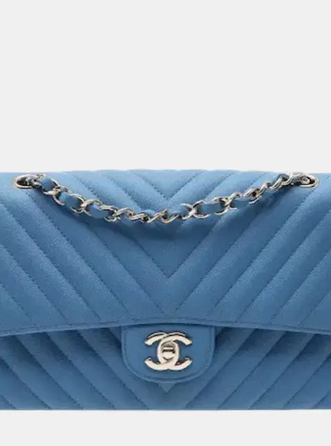 Chanel Classic Chevron Medium Sky Blue Lambskin Leather Double Flap Shoulder Bag