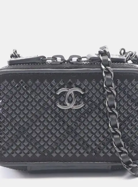 Chanel So Black Zip Around Vanity Clutch Studded Shoulder Bag
