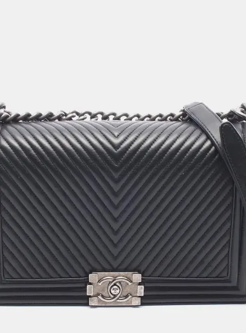 Chanel Boy New Medium Black Lambskin Chevron Flap Shoulder Bag