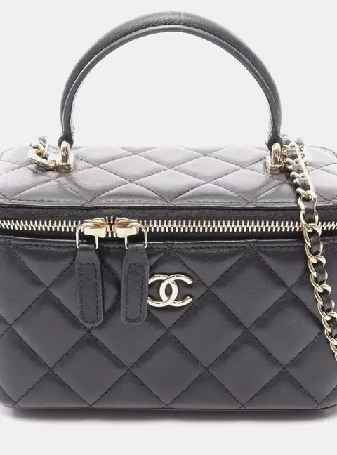 Chanel Vanity Case Small Black Lambskin Leather Top Handle Bag
