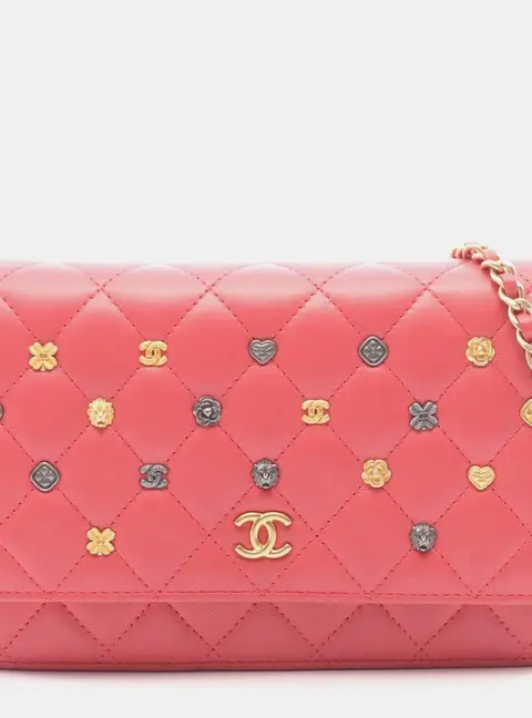 Chanel Classic Icons Lucky Charms Pink Lambskin Leather Wallet On Chain