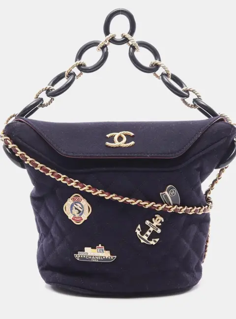 Chanel Paris Hamburg Charms Navy Quilted Wool Lambskin Crossbody Bucket Bag