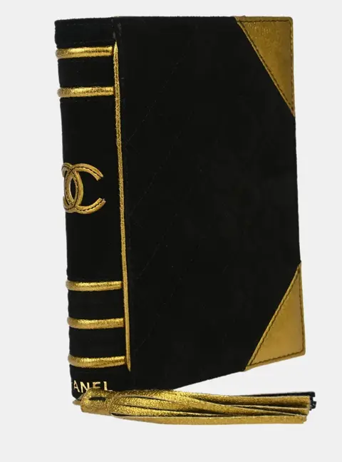 Chanel 2004 Vintage Bible Book CC Minaudiere Black Suede Metallic Gold Leather Clutch Bag