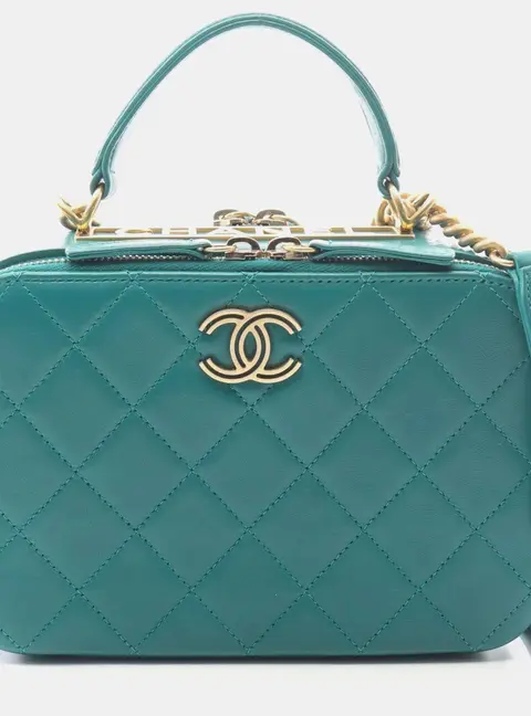 Chanel Vanity Case Small Green Lambskin Leather Top Handle Bag