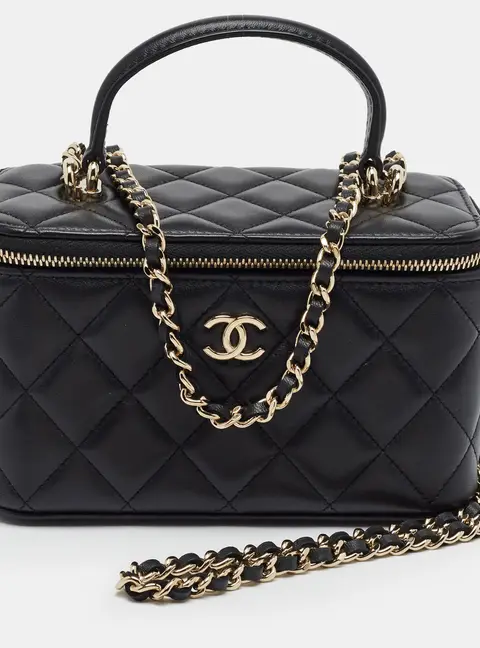 Chanel Vanity Case Black Quilted Leather Top Handle Bag