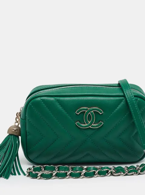 Chanel Tassel Green Diagonal Chevron Quilted Leather Camera Bag