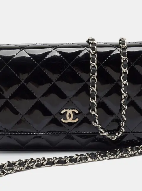 Chanel Classic Black Quilted Patent Leather Wallet On Chain