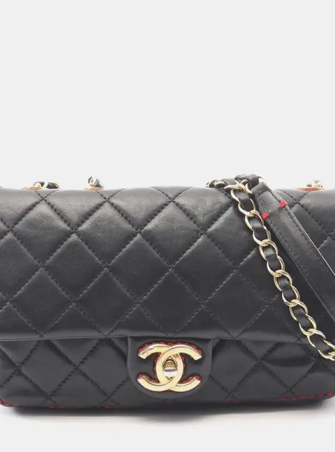 Chanel CC Quilted Black Lambskin Stitched Single Flap Bag