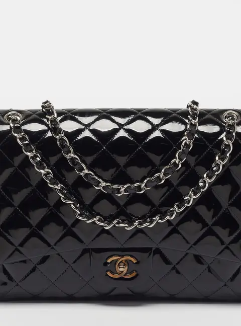 Chanel Classic Single Maxi Black Quilted Patent Leather Flap Bag