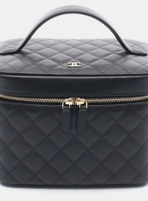 Chanel Timeless Classic Black Caviar Leather Vanity Top Handle Bag