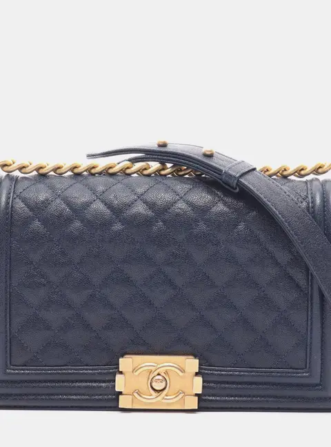 Chanel Boy Old Medium Navy Blue Quilted Caviar Leather Shoulder Bag