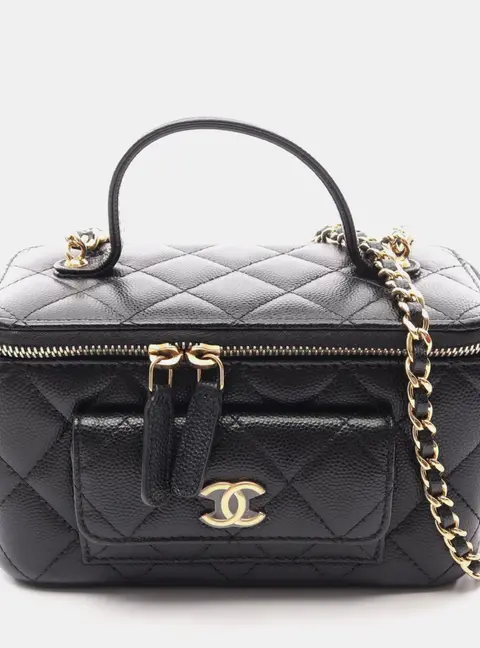 Chanel Polly Pocket Multi Pocket Black Caviar Leather Top Handle Bag