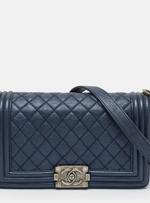 Chanel Boy Flap Medium Metallic Blue Quilted Leather Bag