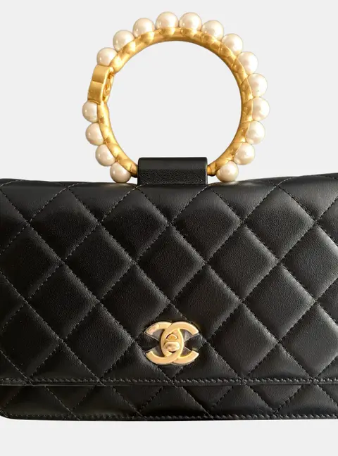 Chanel Wallet on Chain Black Lambskin Leather Pearl Top Handle Bag