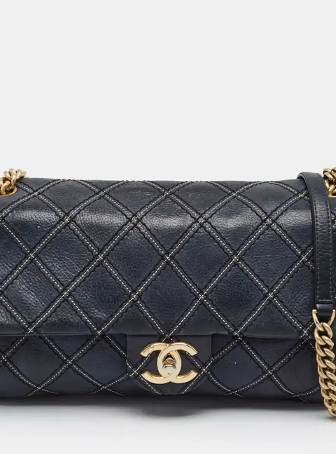 Chanel Navy Blue Quilted Surpique Leather Flap Bag