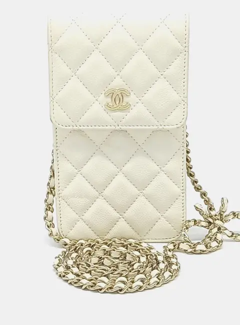 Chanel White Leather Caviar Phone Holder and Crossbody Bag