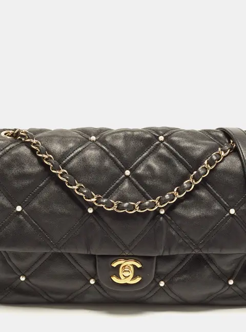 Chanel Pearl Embellished CC Single Flap Jumbo Black Quilted Leather Bag