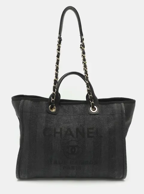 Chanel Deauville Large Black Leather and Woven Straw Tote