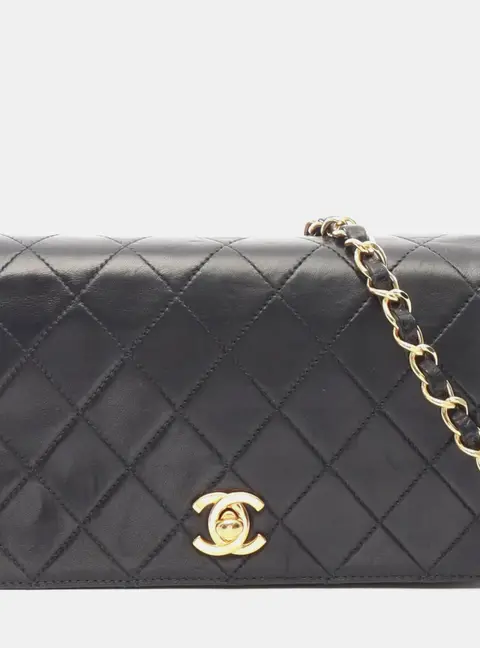 Chanel Mini Matelasse Full Flap Turnlock Black Lambskin Leather Shoulder Bag